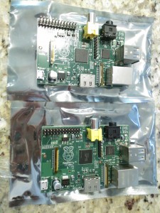 Two Raspberry Pi on their electro-static wrappers.