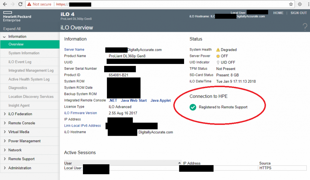 HPe iLo Registered to Remote Support Insight Online