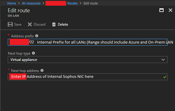 Sophos XG Azure Route Table LAN Route