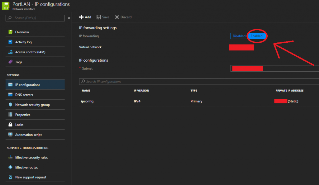 Enable IP Forwarding on Microsoft Azure Network Interface