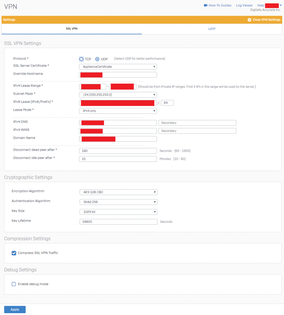 Sophos XG SSL VPN Settings