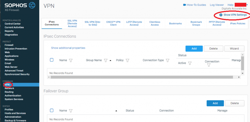 Sophos XG Show VPN Settings