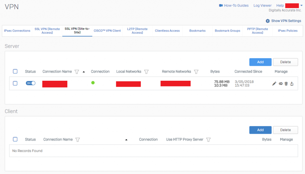 Sophos XG SSL VPN (Site-to-Site) Active VPN Status