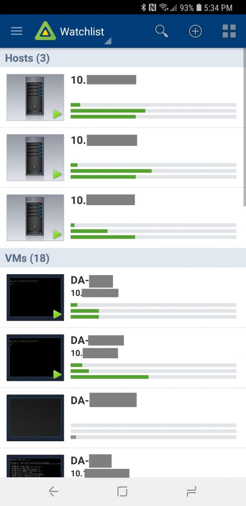 vSphere Mobile Watchlist Hosts and VM list