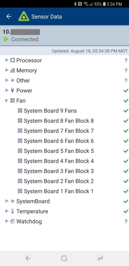 vSphere Mobile Watchlist Host Sensor List and Fan Data