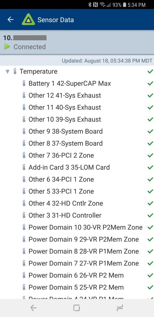 vSphere Mobile Watchlist Host Sensor Data (Temperature Sensor List)