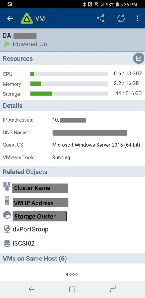 vSphere Mobile Watchlist VM Information