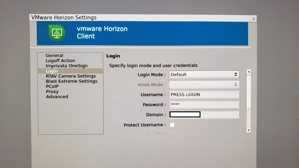 10ZiG Zero Client VMware Horizon Settings Login Settings Dialog Box