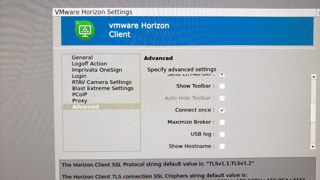 10ZiG Zero Client VMware Horizon Settings Advanced Settings Dialog Window