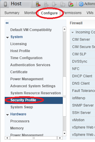 ESXi Host Configuration under Configure Tab in Web Interface