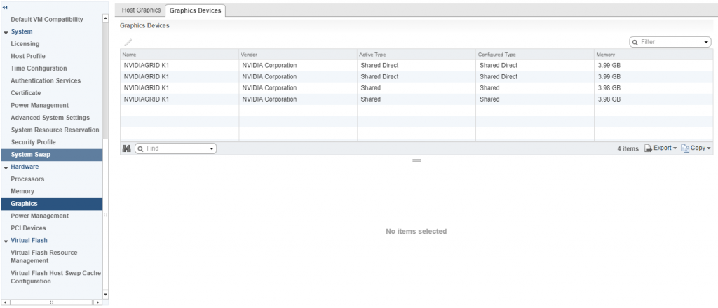 ESXi Graphics Settings for Host Graphics and Graphics Devices