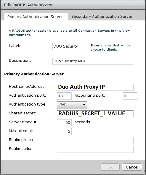 Edit RADIUS Authenticator VMware View Window