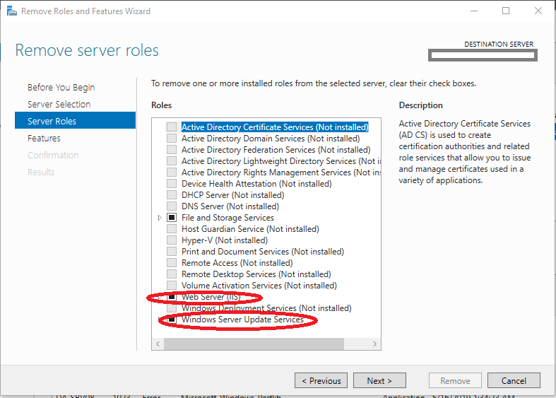 Selecting WSUS and IIS Roles to be Removed