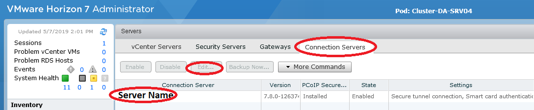 Select Connection Server in Server Pane Window