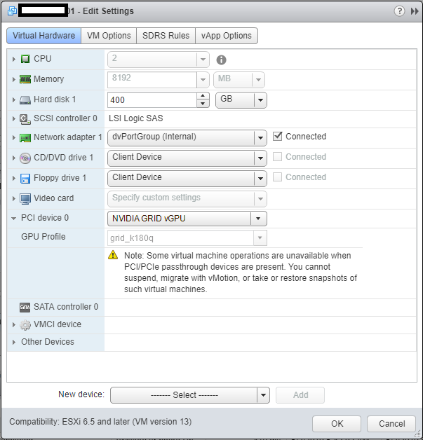 Virtual Machine Edit Settings with NVIDIA GRID vGPU and grid_k180q profile selected