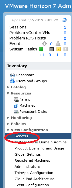 View Configuration and Servers highlighted on Left Pane