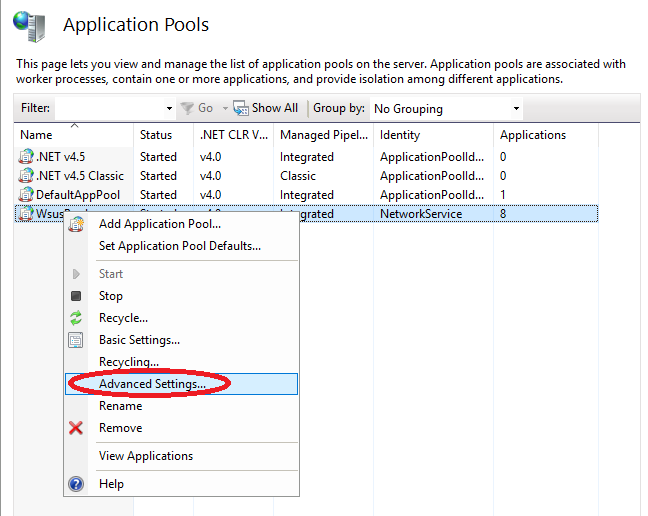 WsusPool Application Pool Selected with Right-Click