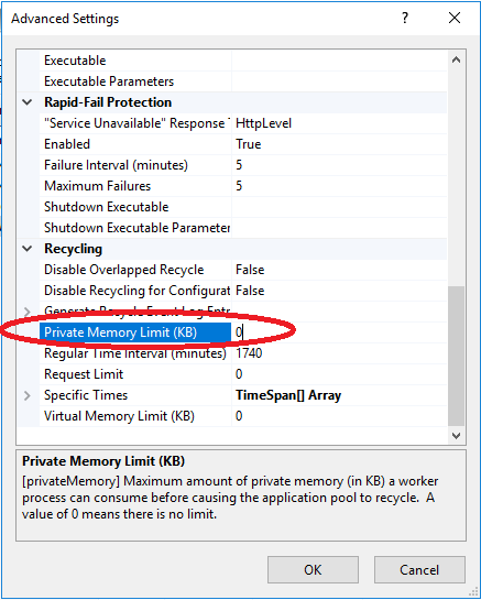 Private Memory Limit set to "0" in WsusPool IIS Application Pool