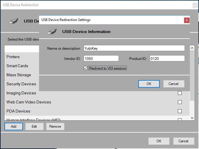 10ZiG Manager Configuration USB Redirection Settings Window and Add Window Selected