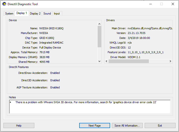 DirectX Diagnostic Tool (dxdiag) showing Nvidia Grid K1 on VMware Horizon using vGPU k180q profile