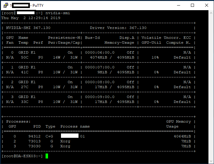 nvidia-smi command on ESXi host showing GRID K1 information, vGPU information, temperatures, and power usage