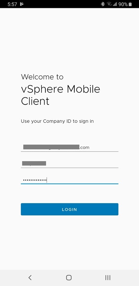 VMware vSphere Mobile Client Login Screen