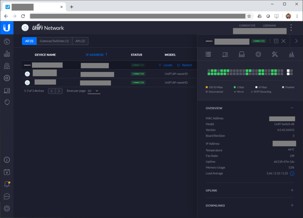 UniFi Controller Switch Information Screen