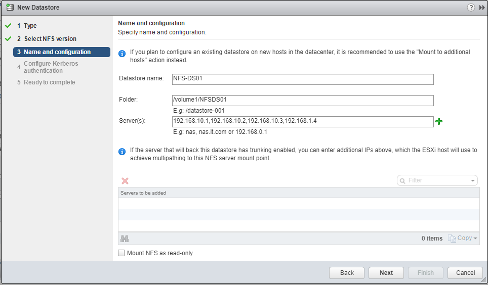 New NFS Datastore details and configuration on ESXi dialog box