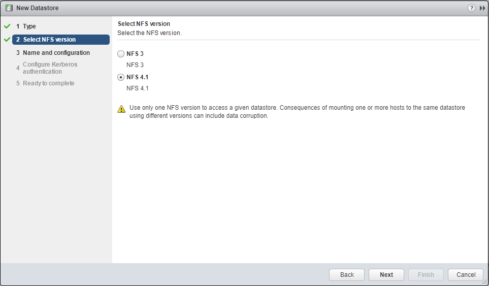 Selecting the NFS version on the Add Datastore Dialog box on ESXi