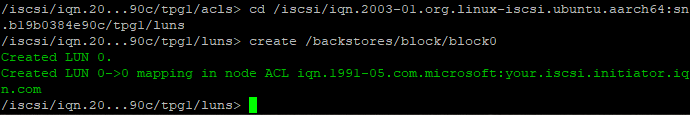 Mapping a backstore to LUN and ACL in TargetCLI