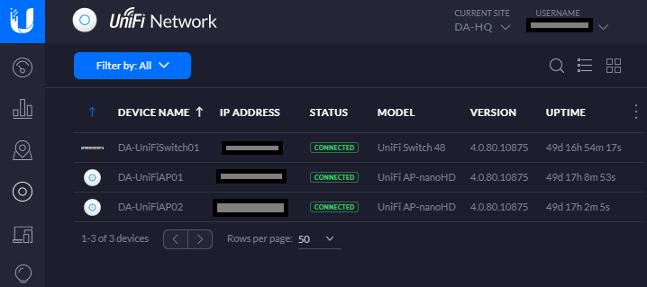 Screenshot of 1 UniFi Switch and 2 UniFi NanoHD's adopted in the UniFi Controller