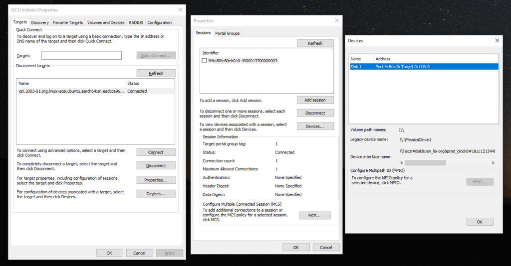 The Microsoft iSCSI Initiator window open, showing an active connection to an iSCSI target, and iSCSI disk