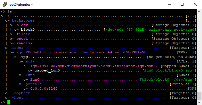 Reviewing the configuration in TargetCLI