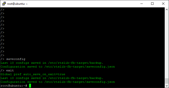 Saving the configuration and exiting the targetcli interface