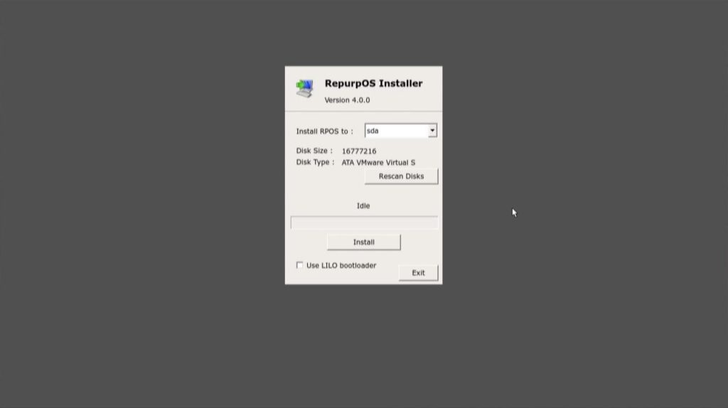 Screenshot of Installing the 10ZiG RepurpOS (RPOS) software to disk