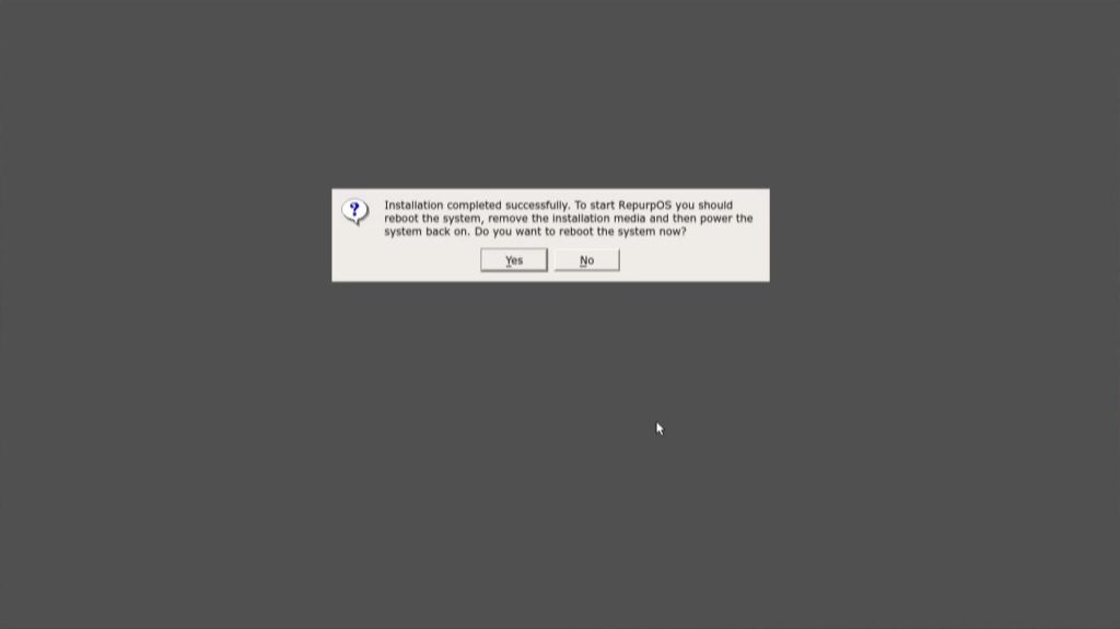 Screenshot of the 10ZiG RepurpOS (RPOS) Installer rebooting the PC post-installation