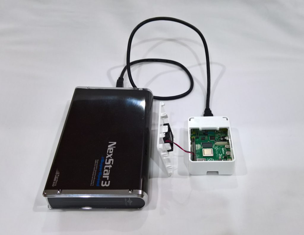 Picture of a Raspberry Pi 4 with External USB 3 HD setup as an iSCSI Target and SAN