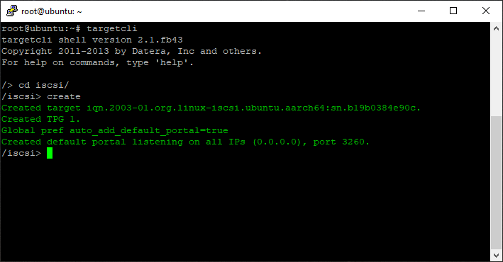 Command to create a TPG iSCSI Target