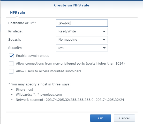 Screenshot of Synology Create NFS rule for ACL