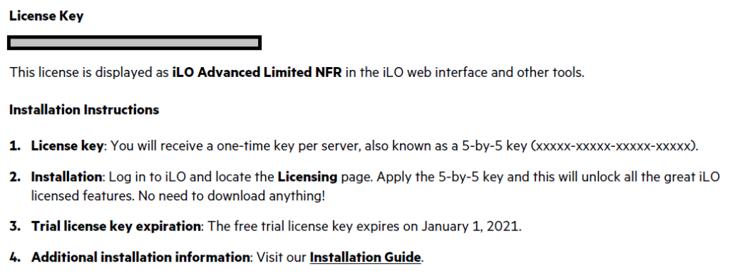Free HPE iLO Advanced License key, instructions, and expiry date of January 1, 2021.