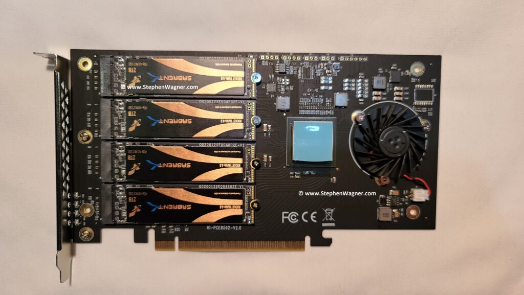 Picture of an IOCREST IO-PEX40152 PCIe Card loaded with 4 x Sabrent Rocket 4 2TB NVMe SSD