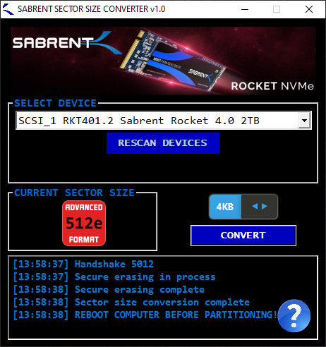Screenshot using the Sabrent Sector Size Converter to change SSD from 512e to 4K Sector Size