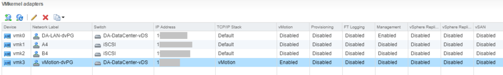A screenshot of vmk adapters, one of which is using the vMotion TCP/IP Stack