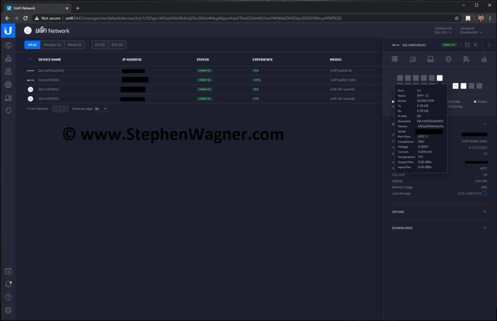 Screenshot of US-16-XG Configured and Online with UniFi Controller