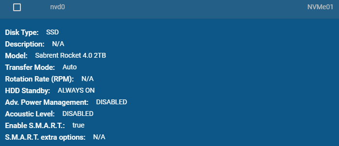 Screenshot of Sabrent Rocket 4 2TB NVMe SSD on FreeNAS