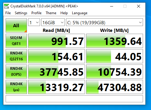 Screenshot of benchmark with CrystalDiskMark on FreeNAS NFS SSD datastore without compression and deduplication