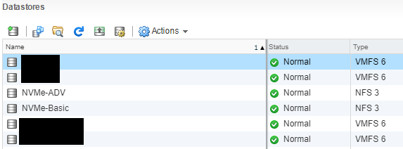 Screenshot of VMware ESXi with FreeNAS NVMe SSD as NFS datastore