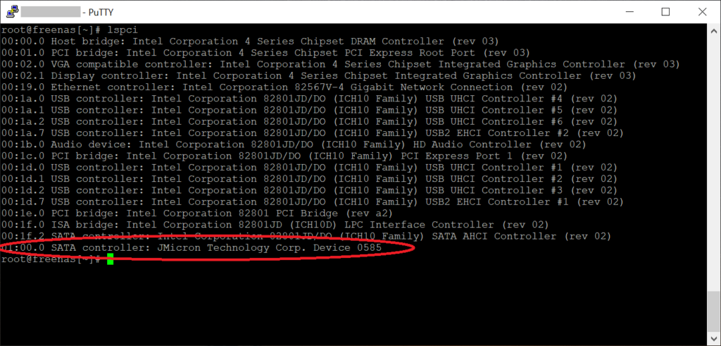 Screenshot of IO-PCE585-5I FreeNAS lspci