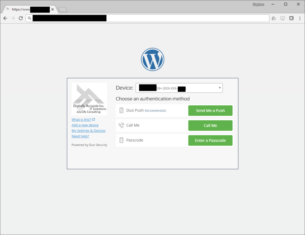 Screenshot of Duo MFA 2FA Prompt on WordPress Login