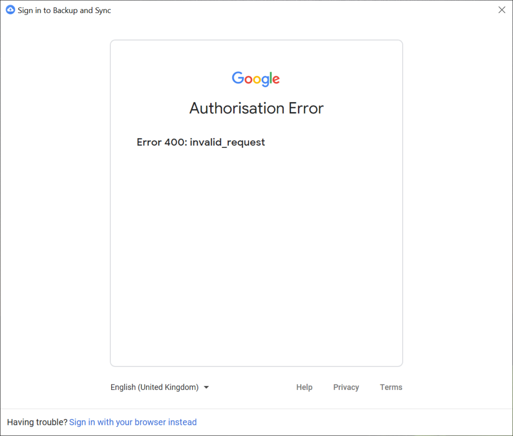 Google Services, Backup and Sync from Google in a down state, asking to login but presenting a 400 "invalid_request" error.